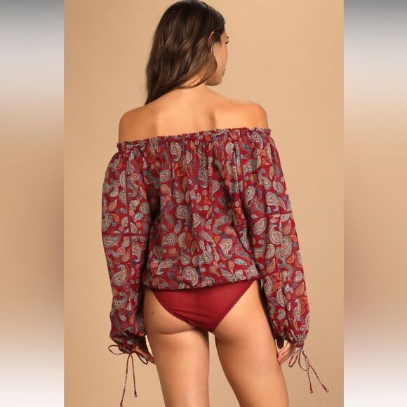 Free People Sundown Rust Red Paisley Print Off-the-Shoulder Bodysuit Size M - Picture 3 of 12